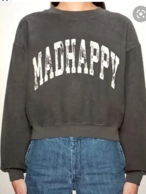 Madhappy gray Cropped Crewneck with Distressed White Logo, size large